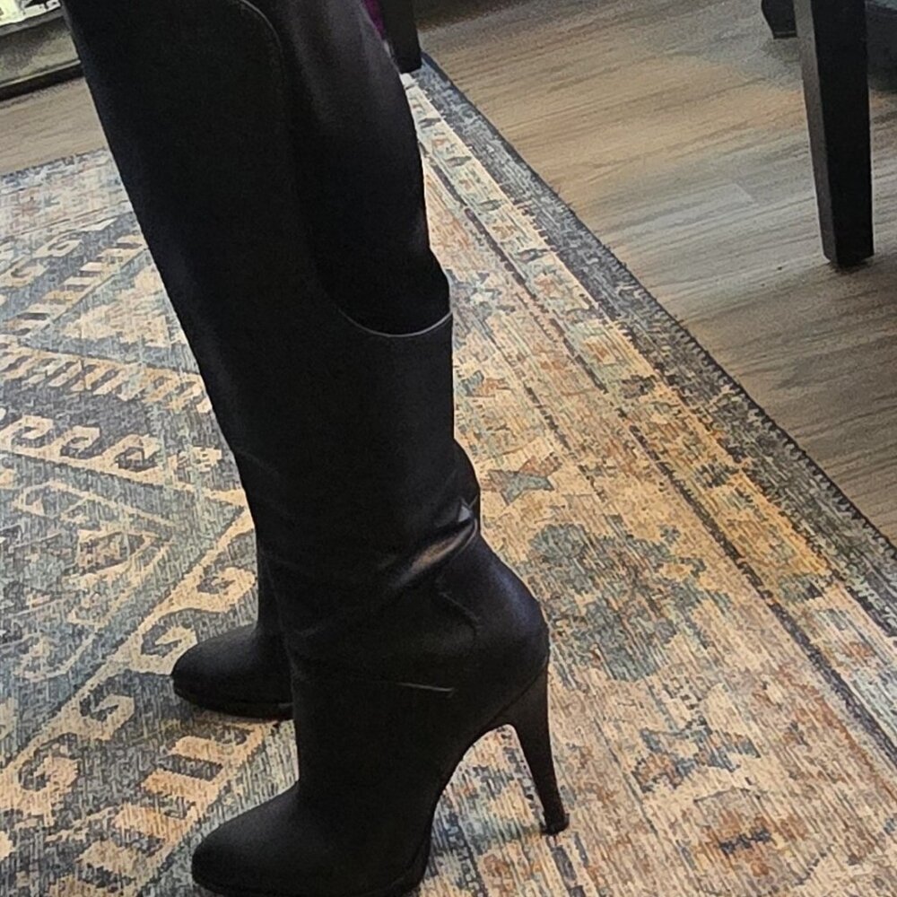 Black leather knee-high, 7.5/9West platform/stiletto boots